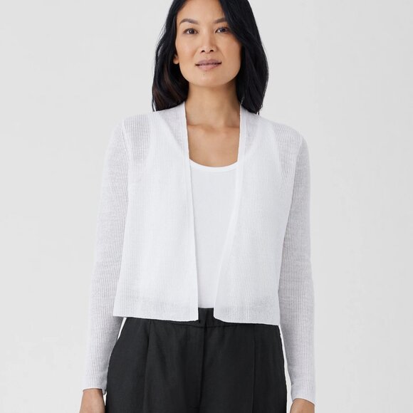 Eileen Fisher Organic Linen Cotton Airy Tuck Cropped White Cardigan Size SP - Picture 1 of 8
